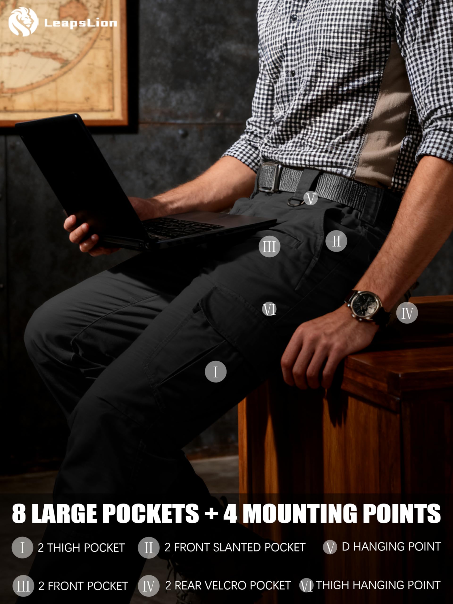 LeapsLion pants outer shell resists water for light weather protection.