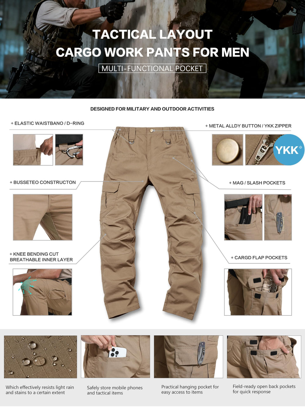 LeapsLion Men's Tactical Pants water resistance helps in light rain.