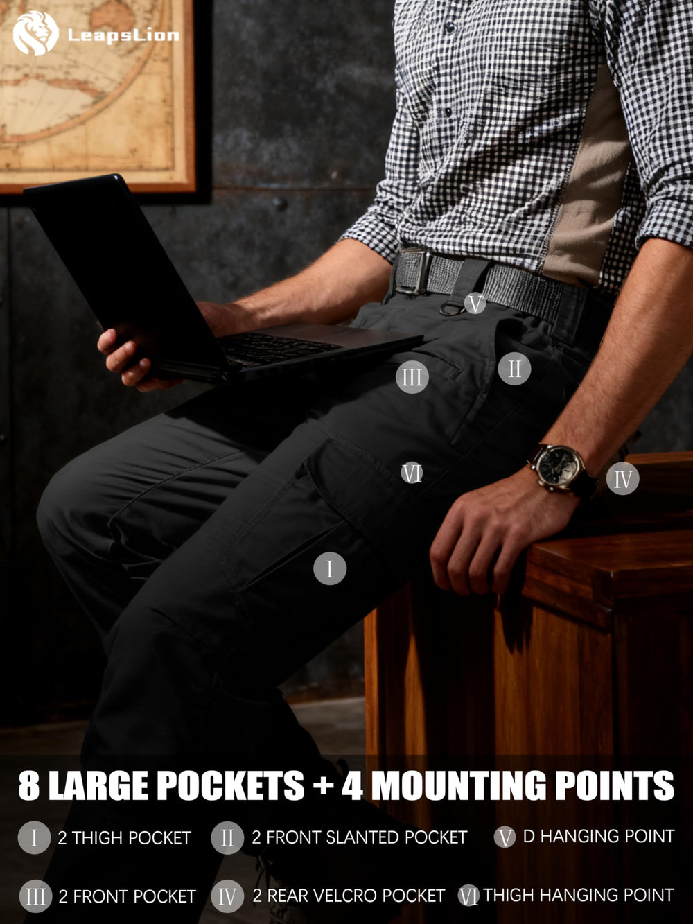 LeapsLion men's tactical pants side-pocket closeup shows deep, versatile storage