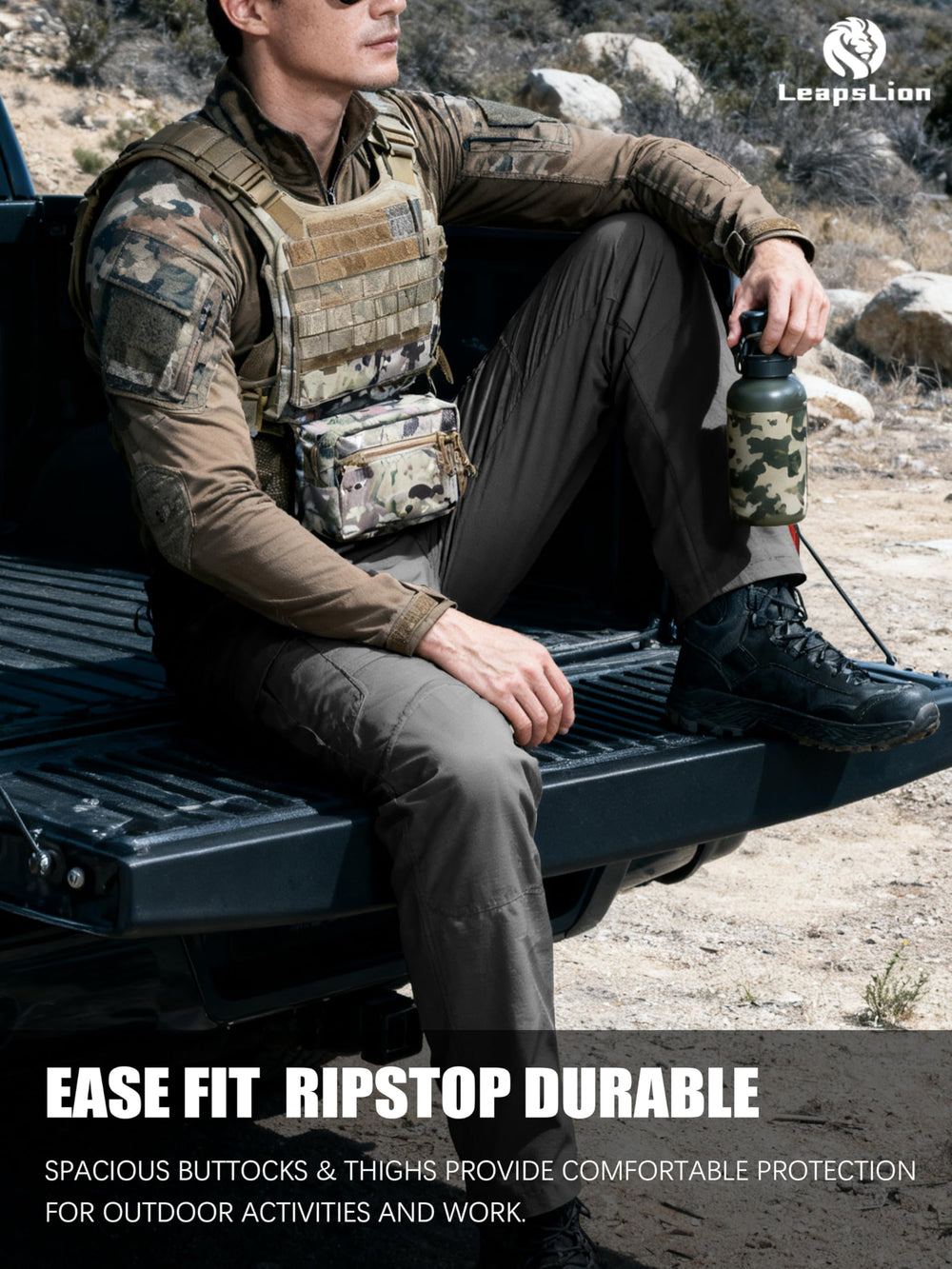 LeapsLion tactical pants on trail action demonstrates hiking use.