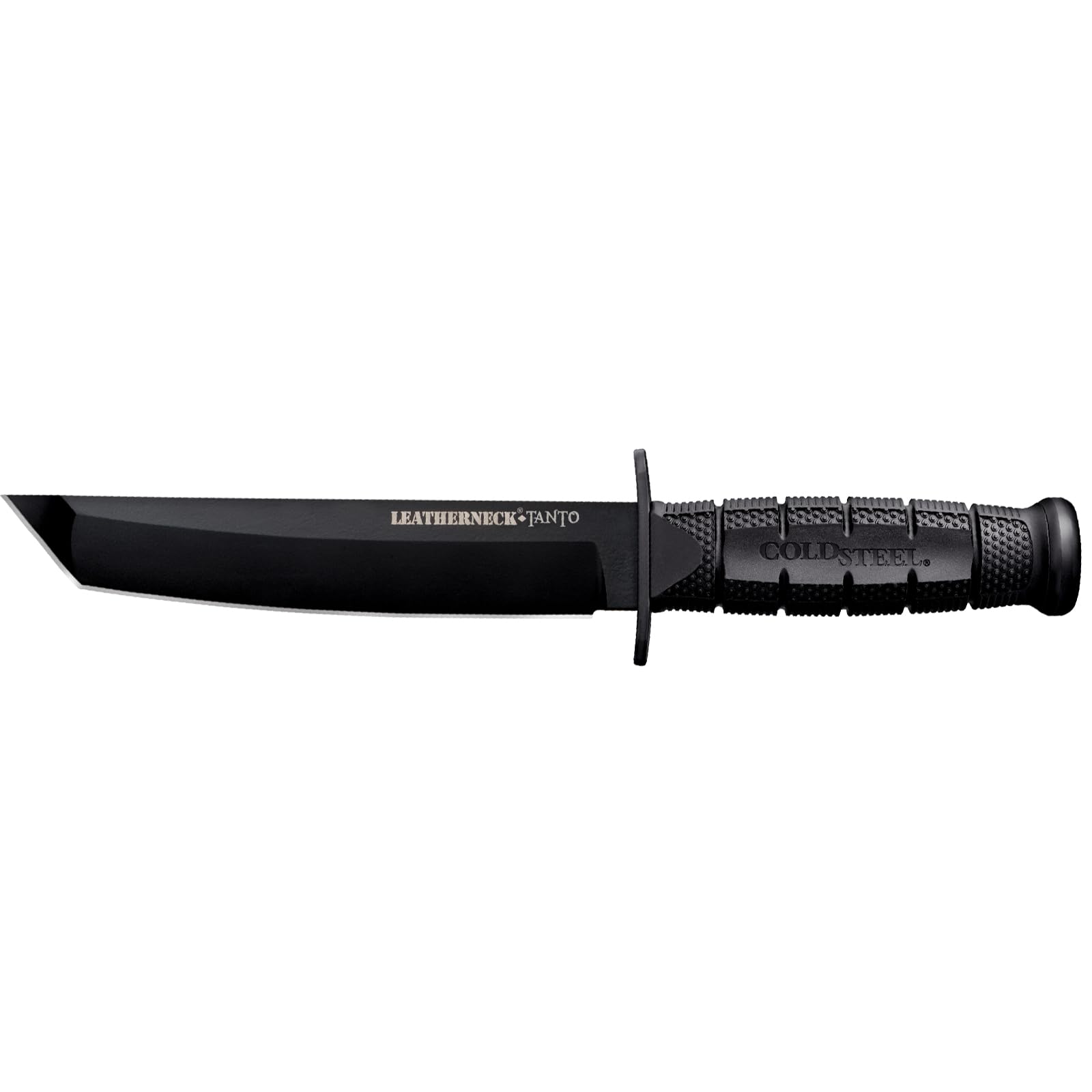 Close-up of Leatherneck Tanto blade showing German D2 steel and black finish