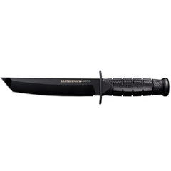 Close-up of Leatherneck Tanto blade showing German D2 steel and black finish