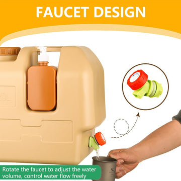 Lebreary water jug includes hand-sanitizer-bottle for hygiene on camping trips.