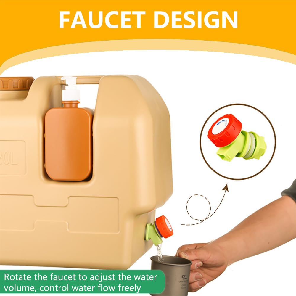 Lebreary water jug includes hand-sanitizer-bottle for hygiene on camping trips.