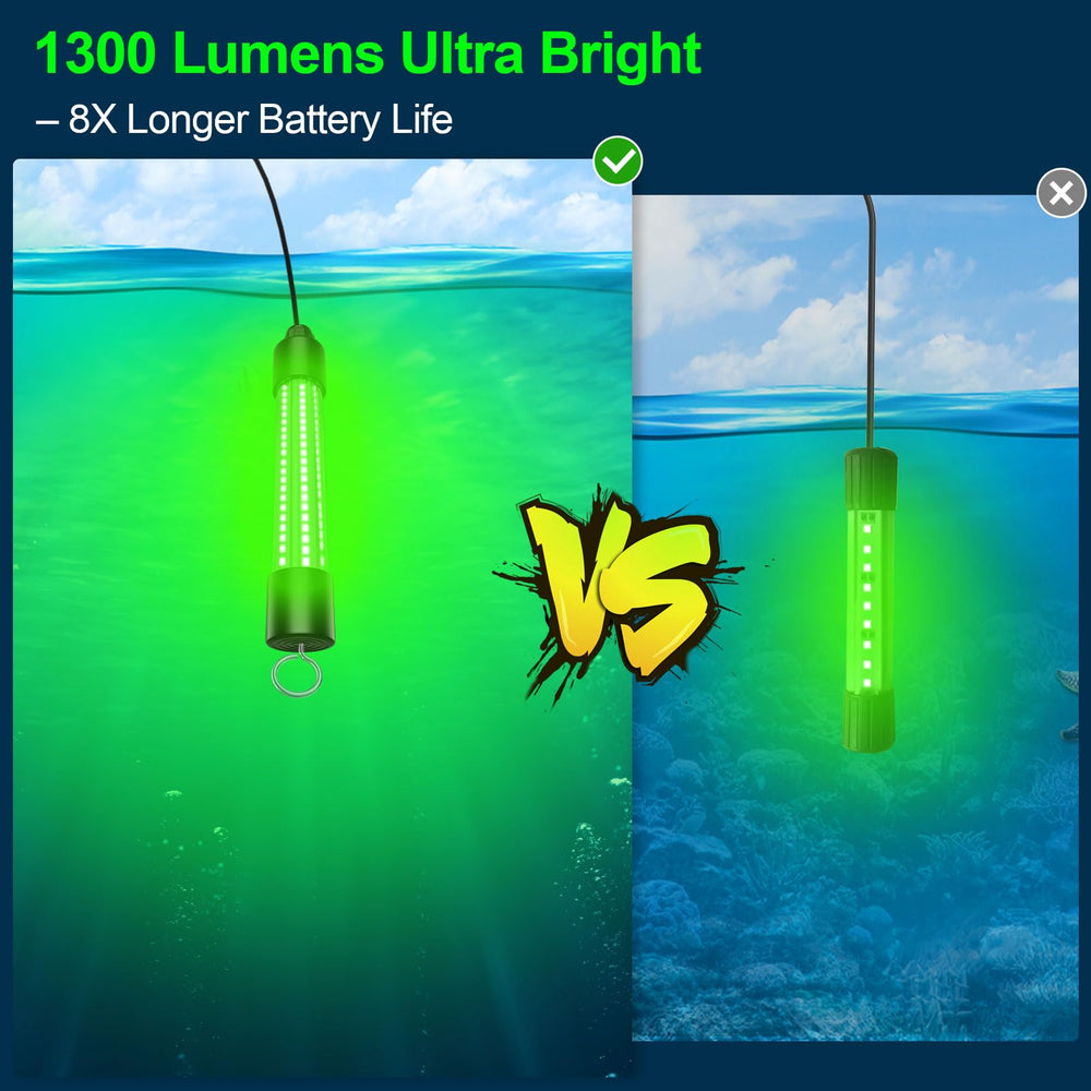 Green underwater fishing light emitting 1300 lumens.