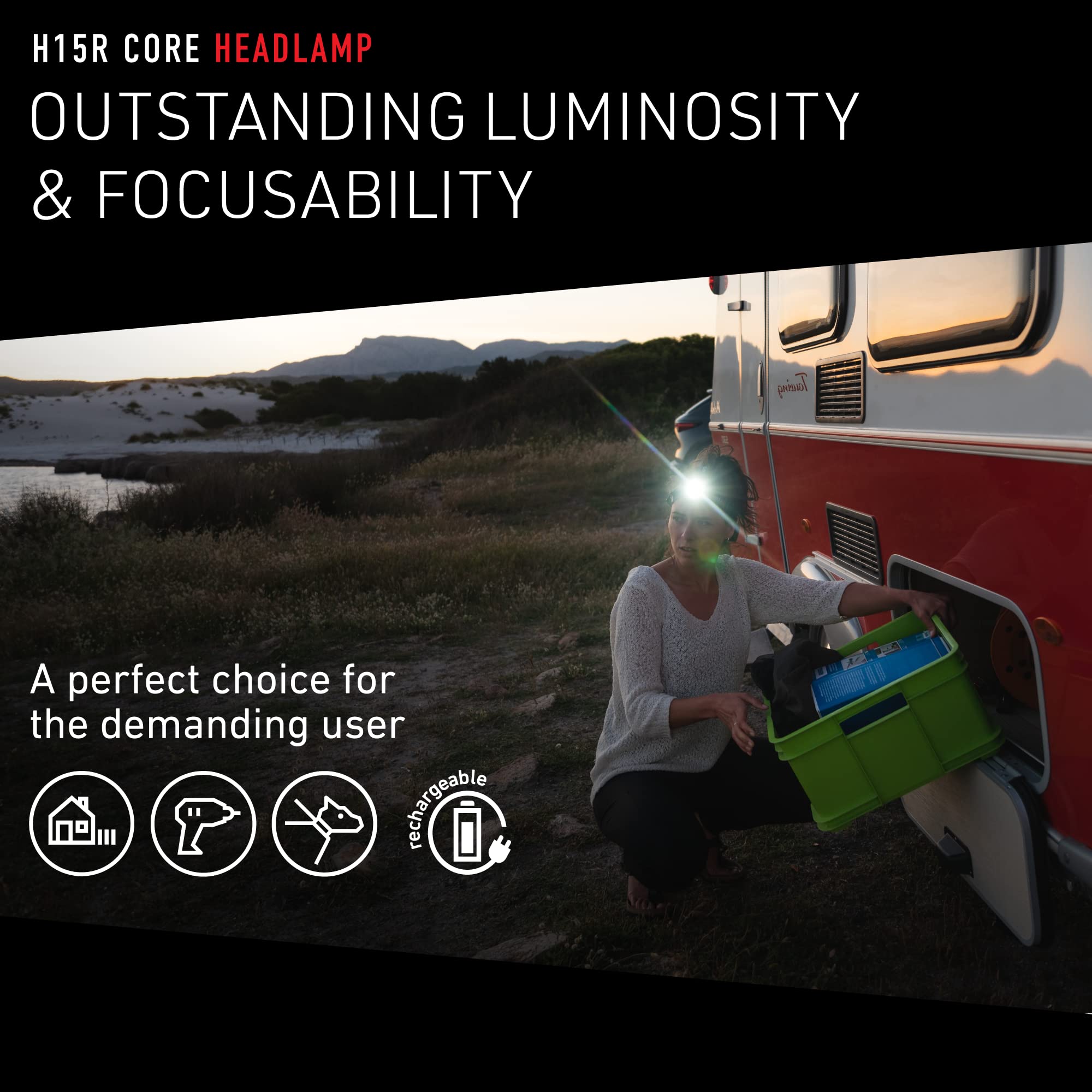 Ledlenser H15R Core showing Advanced Focus from wide to spot.