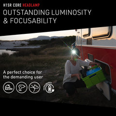 Ledlenser H15R Core showing Advanced Focus from wide to spot.