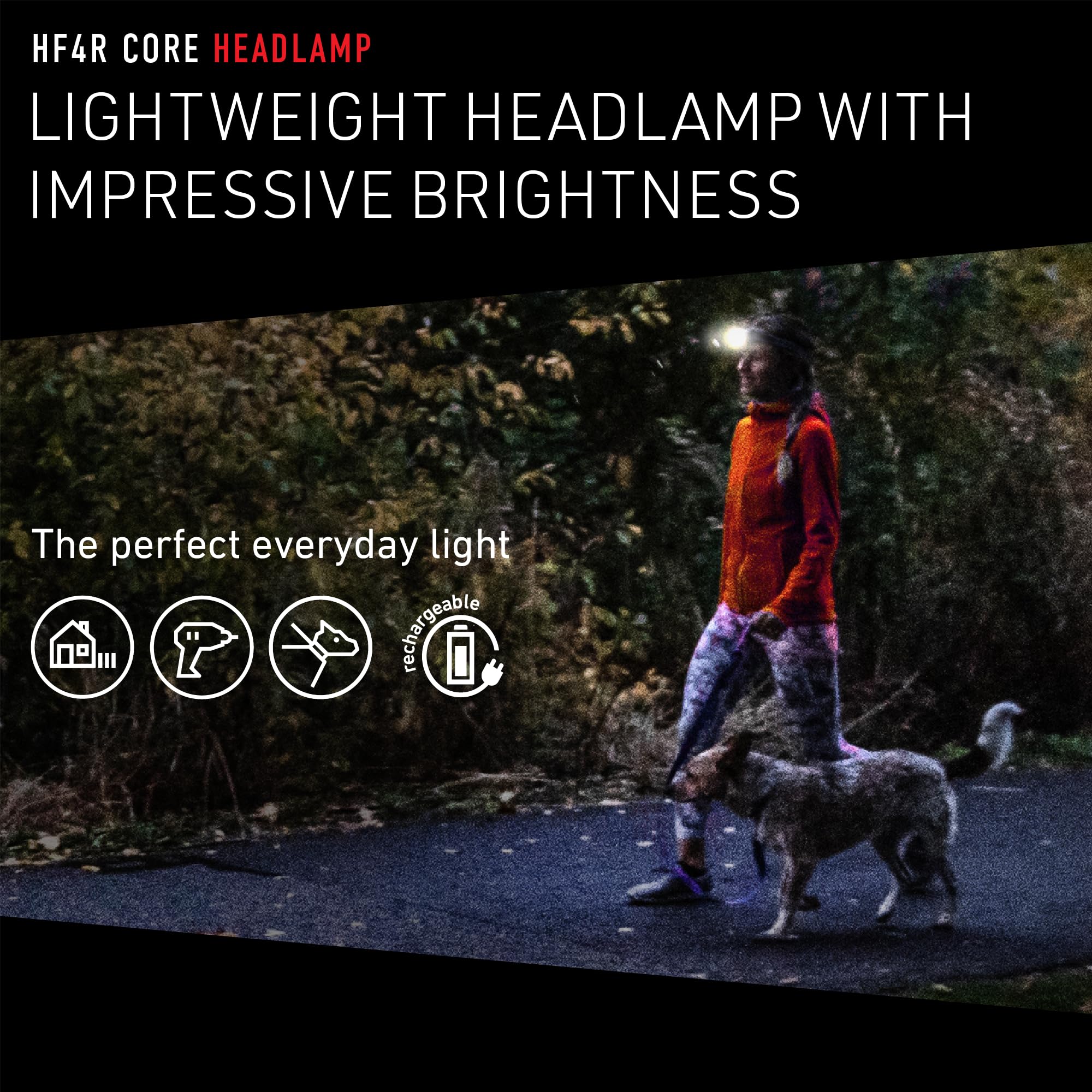 Ledlenser HF4R Core headlamp side view highlighting ergonomic fit during activity