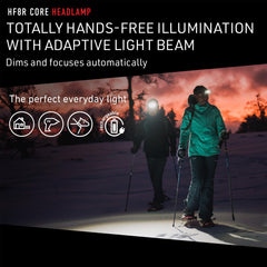 Ledlenser HF8R Core headlamp shown with Bluetooth app control for brightness.