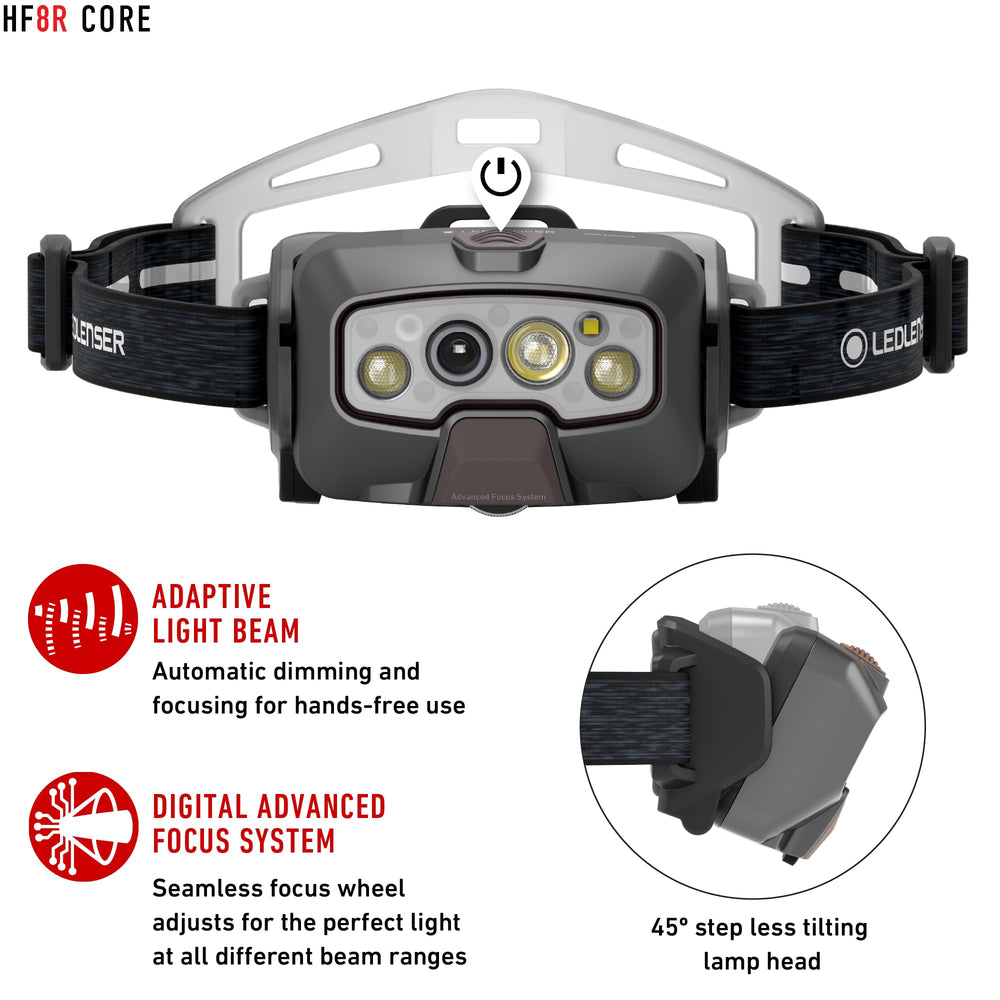 Ledlenser HF8R Core demonstrates Digital Advanced Focus System switching from flood to spot.