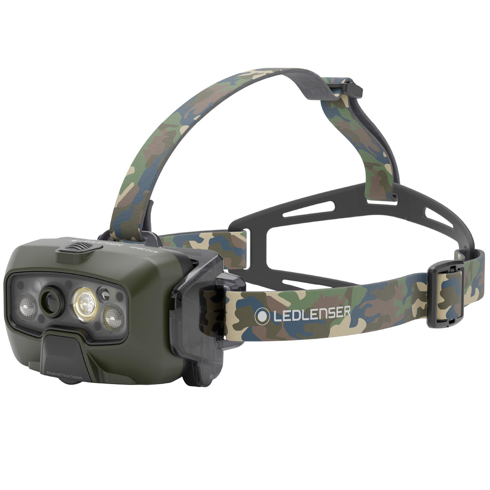 Ledlenser HF8R Core RGB headlamp in camo for stealth lighting during night hikes