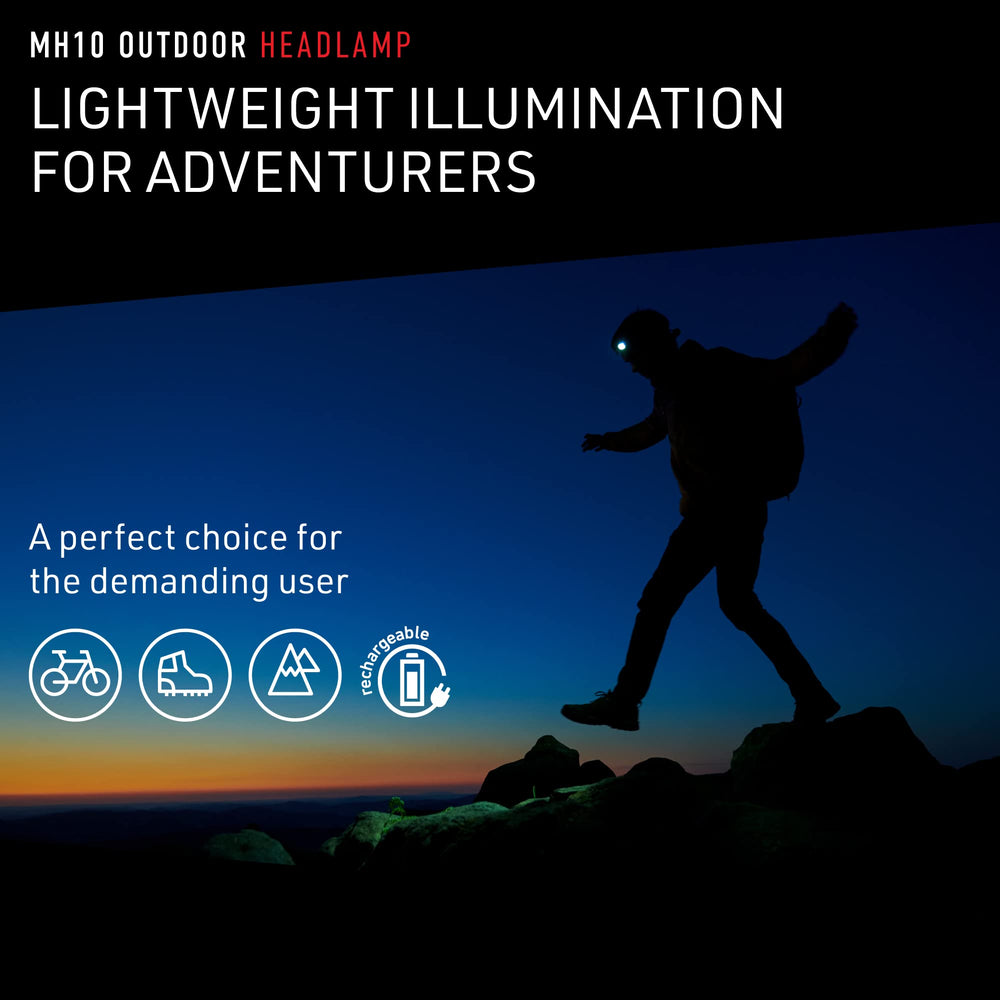 Ledlenser MH10 beam distance up to 150 meters for navigation.