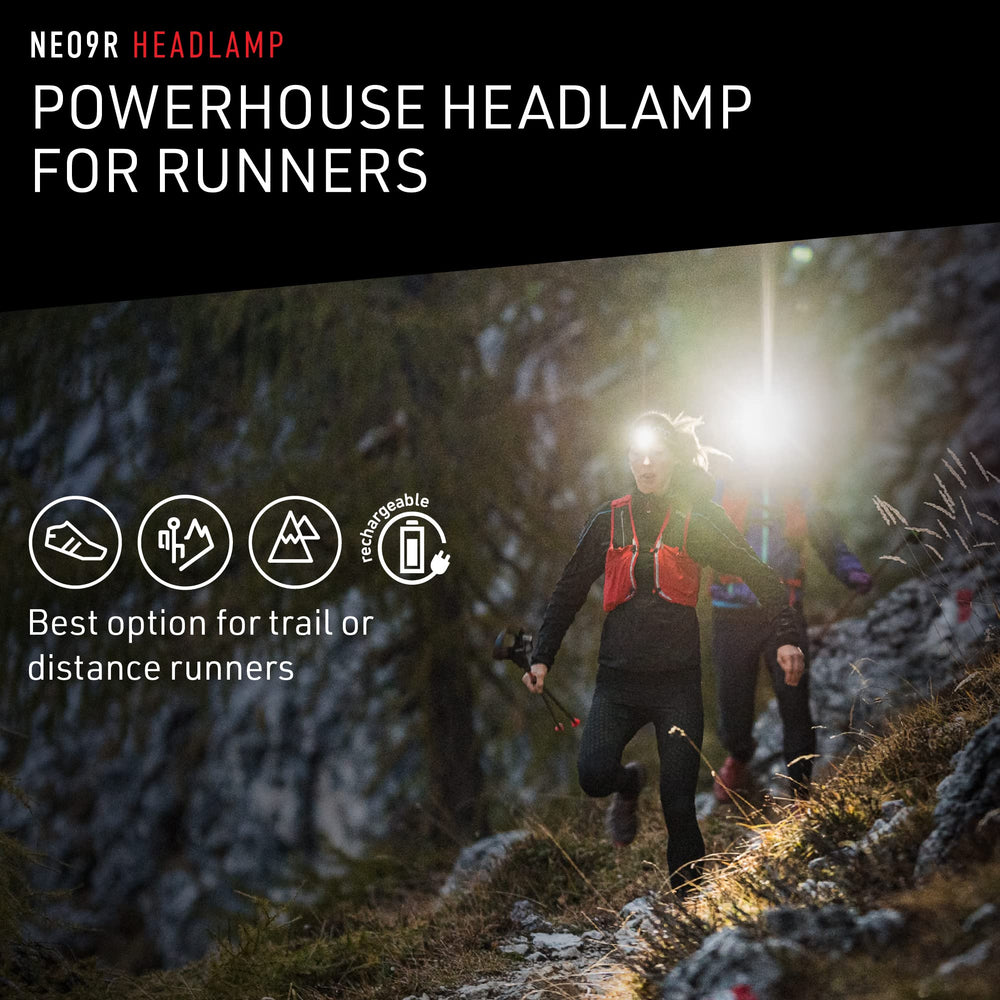 Ledlenser NEO9R headlamp side view shows lightweight, comfortable fit.