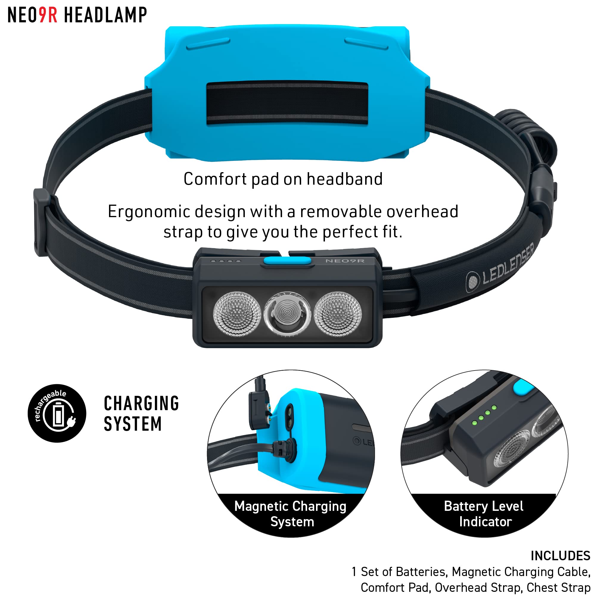 Ledlenser NEO9R reflective blue headband highlights visibility at night.