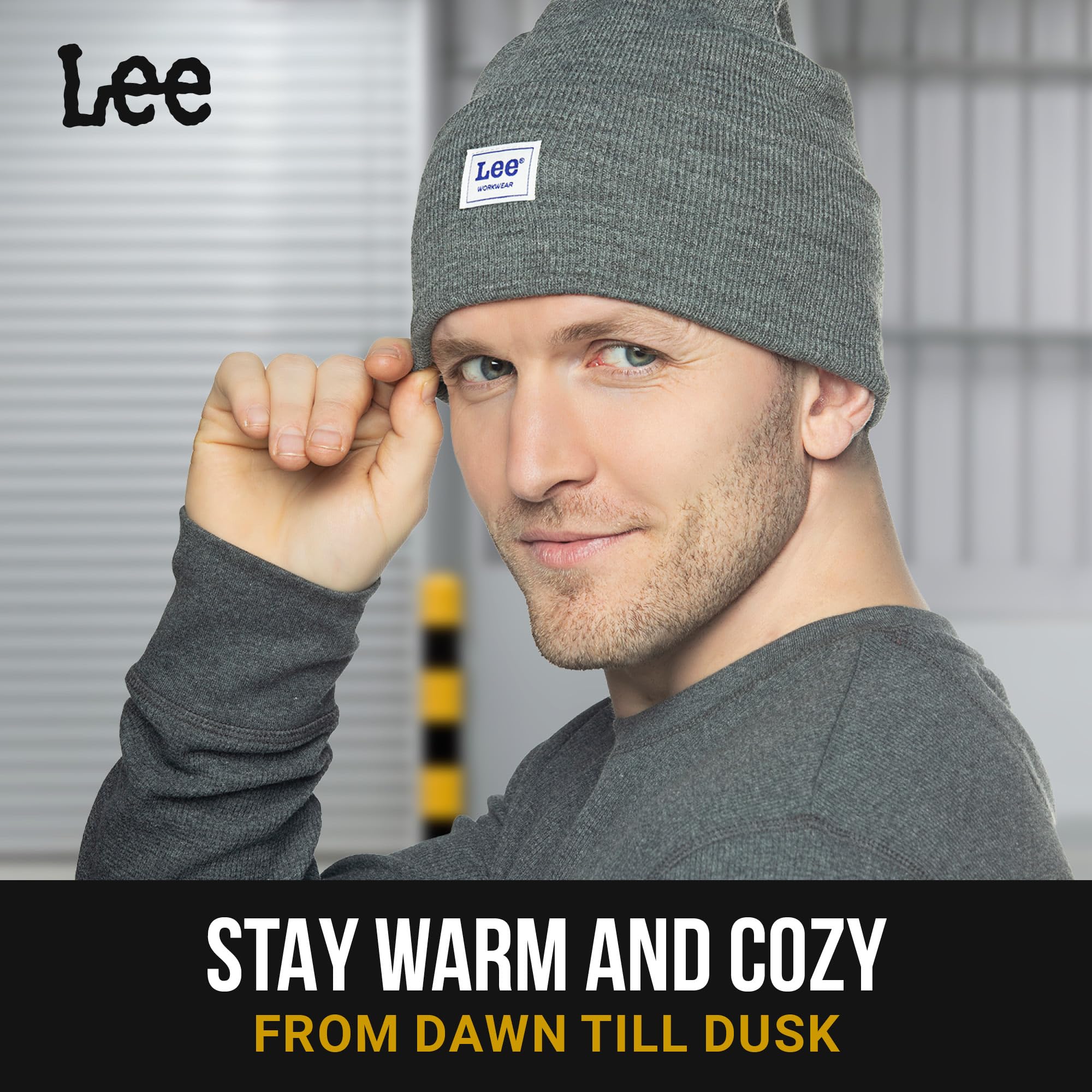 Model wearing Lee Workwear beanie outdoors in winter