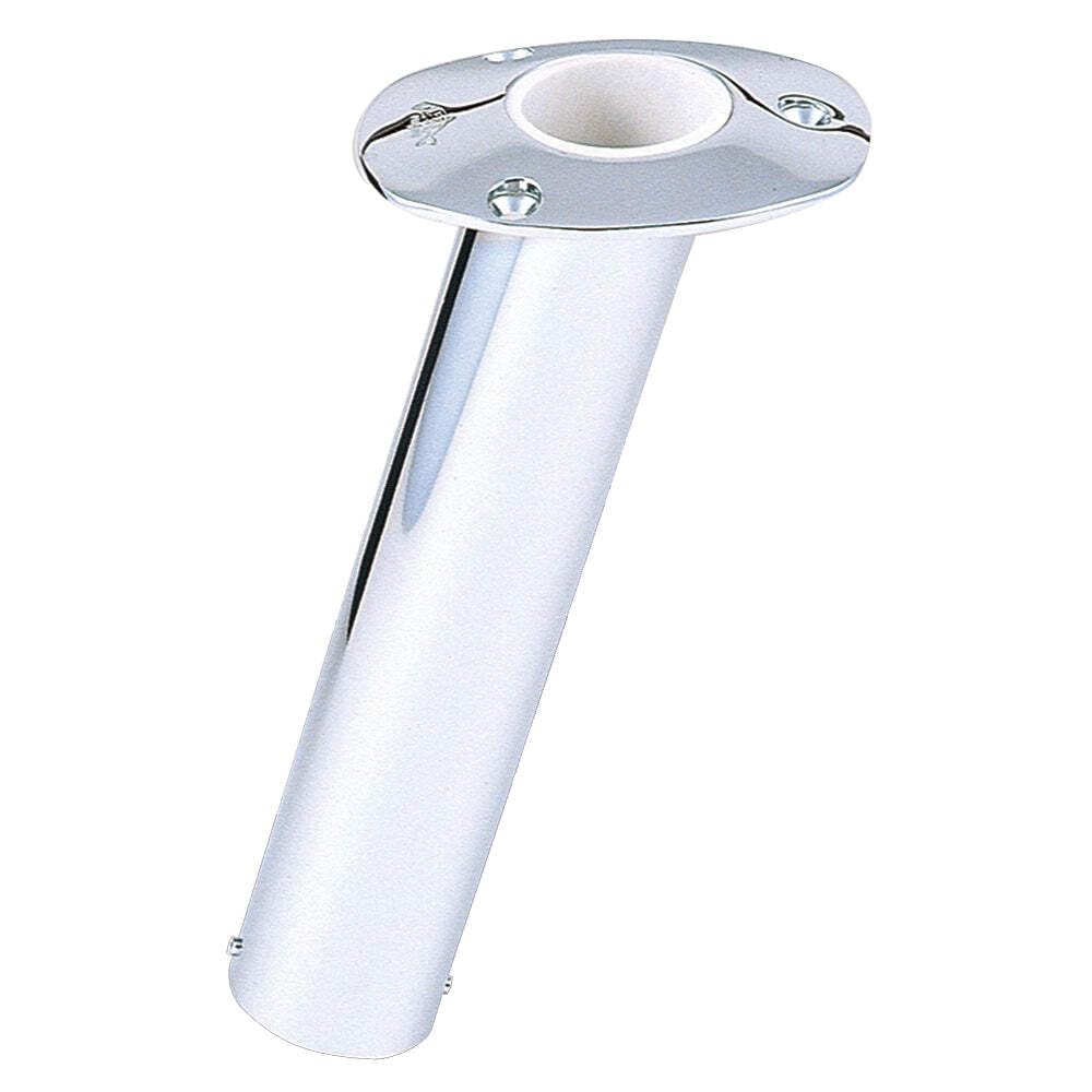 Lee's 15-degree stainless steel flush-mount rod holder secures rods on boats for efficient fishing setup.
