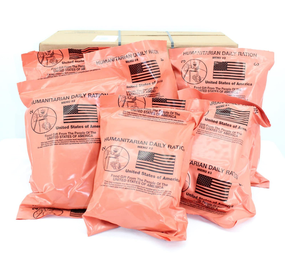Leevax MRE packaging showing the six-meal kit for bulk storage versatility.