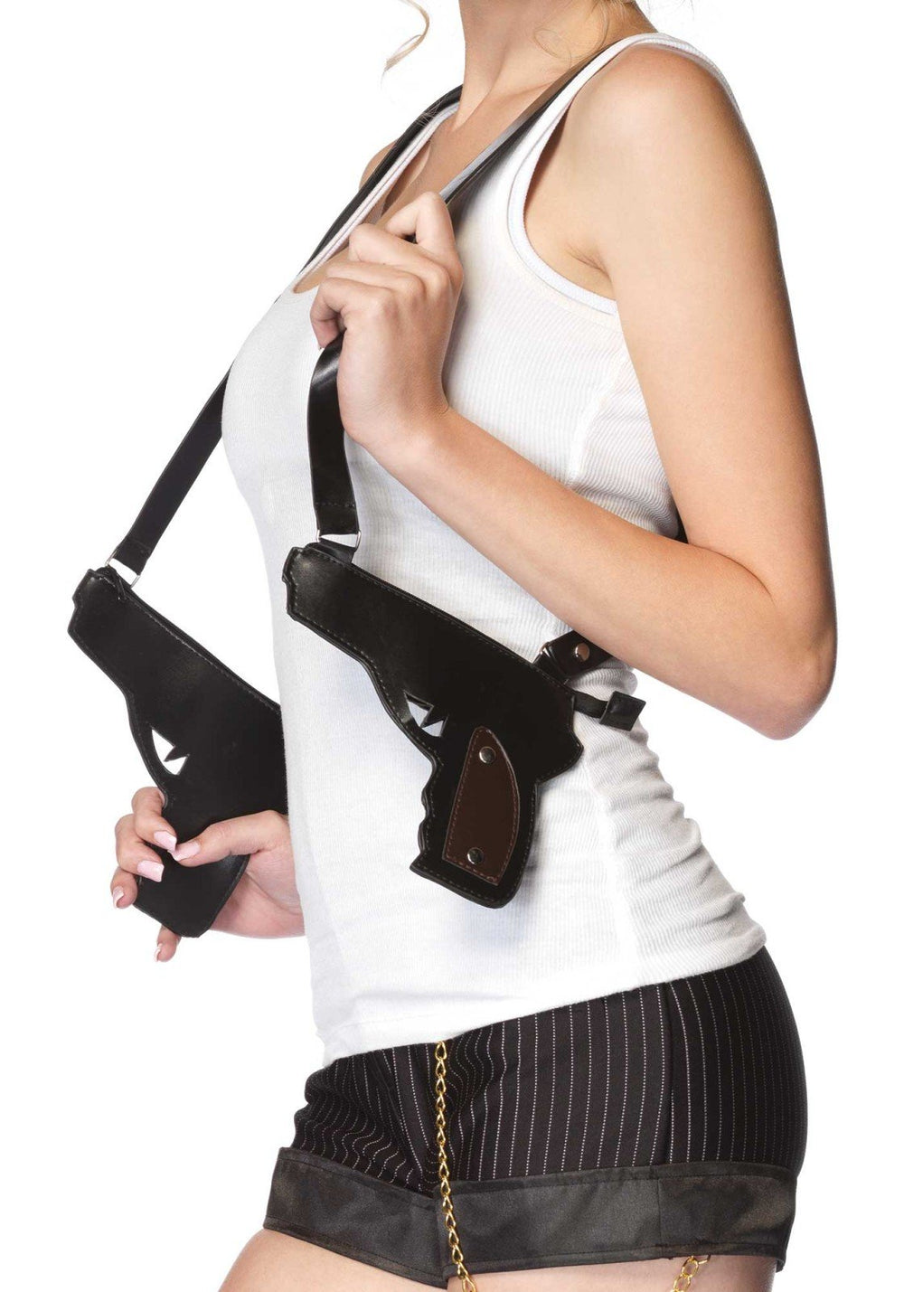 Leg Avenue Womens Gangster Double Gun Zipper Holster in black faux leather with cross strap and two zippered guns