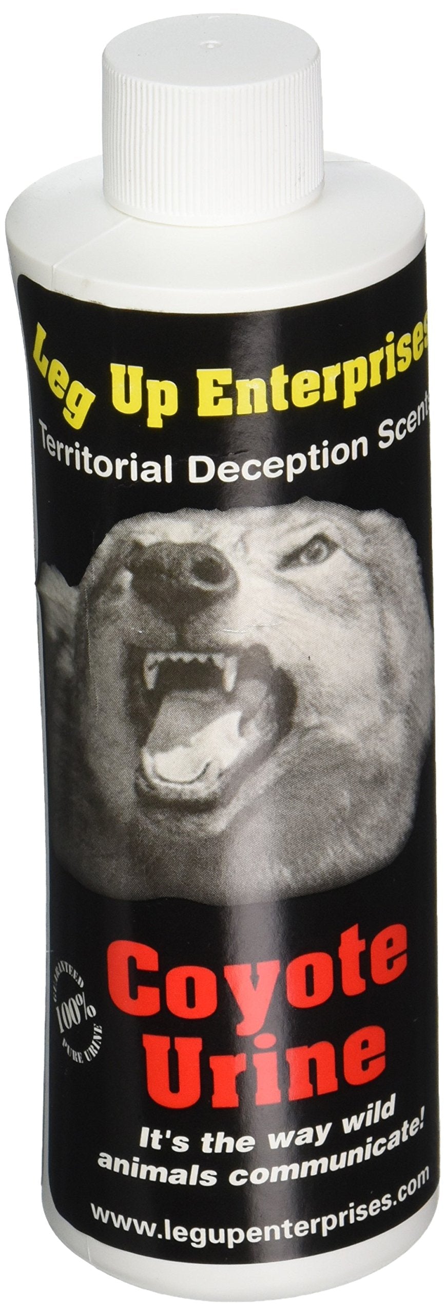 Leg Up Enterprises Real Coyote Urine bottle pour deters wildlife safely.