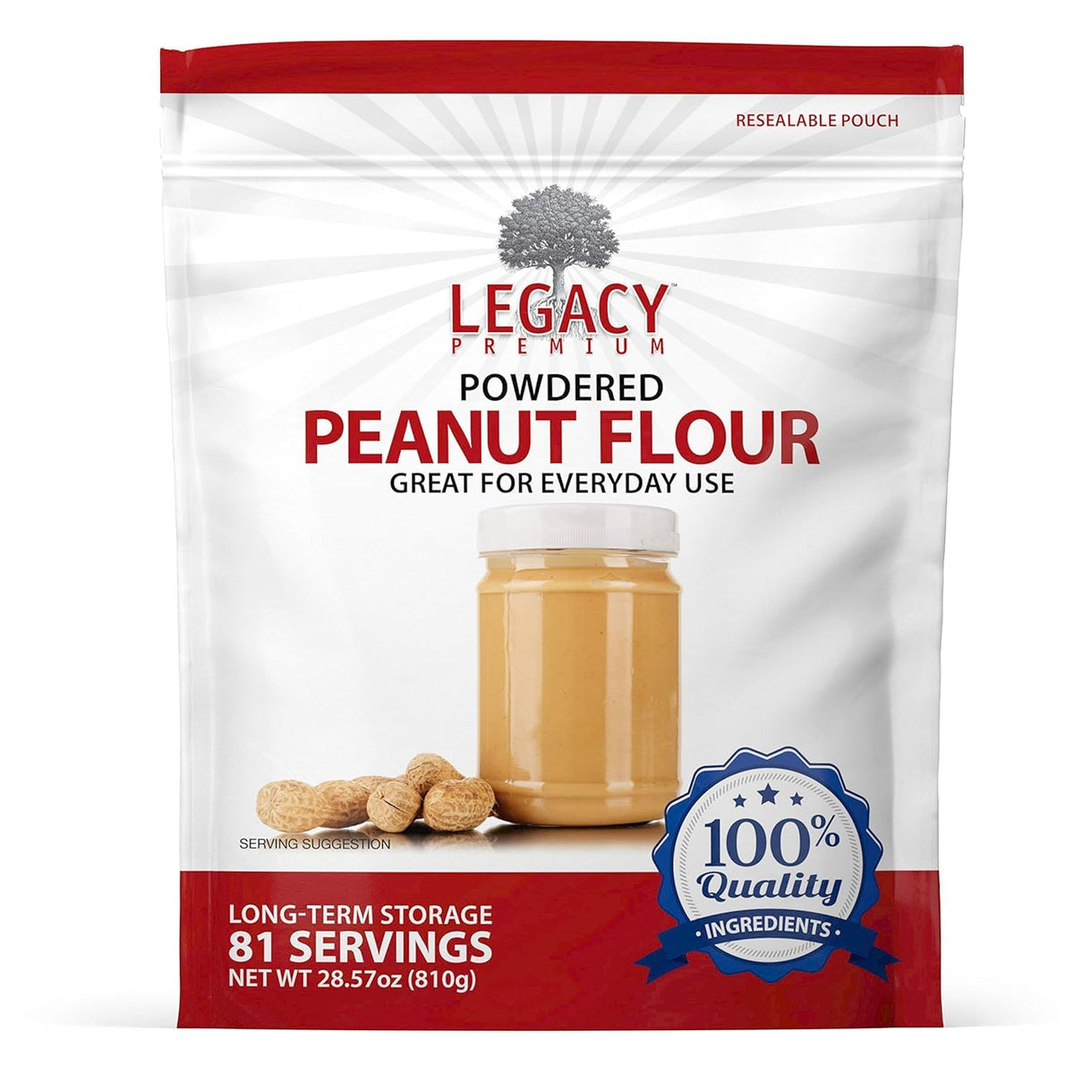 Legacy Essentials Peanut Butter Powder pouch, long shelf life, ideal for camping and emergency meals