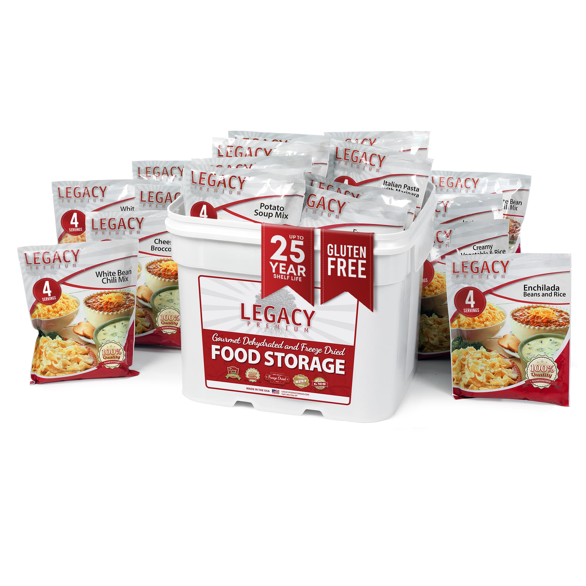 Legacy Food Storage gluten-free bucket contents shown as 120 servings for emergencies