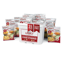 Legacy Food Storage gluten-free bucket contents shown as 120 servings for emergencies