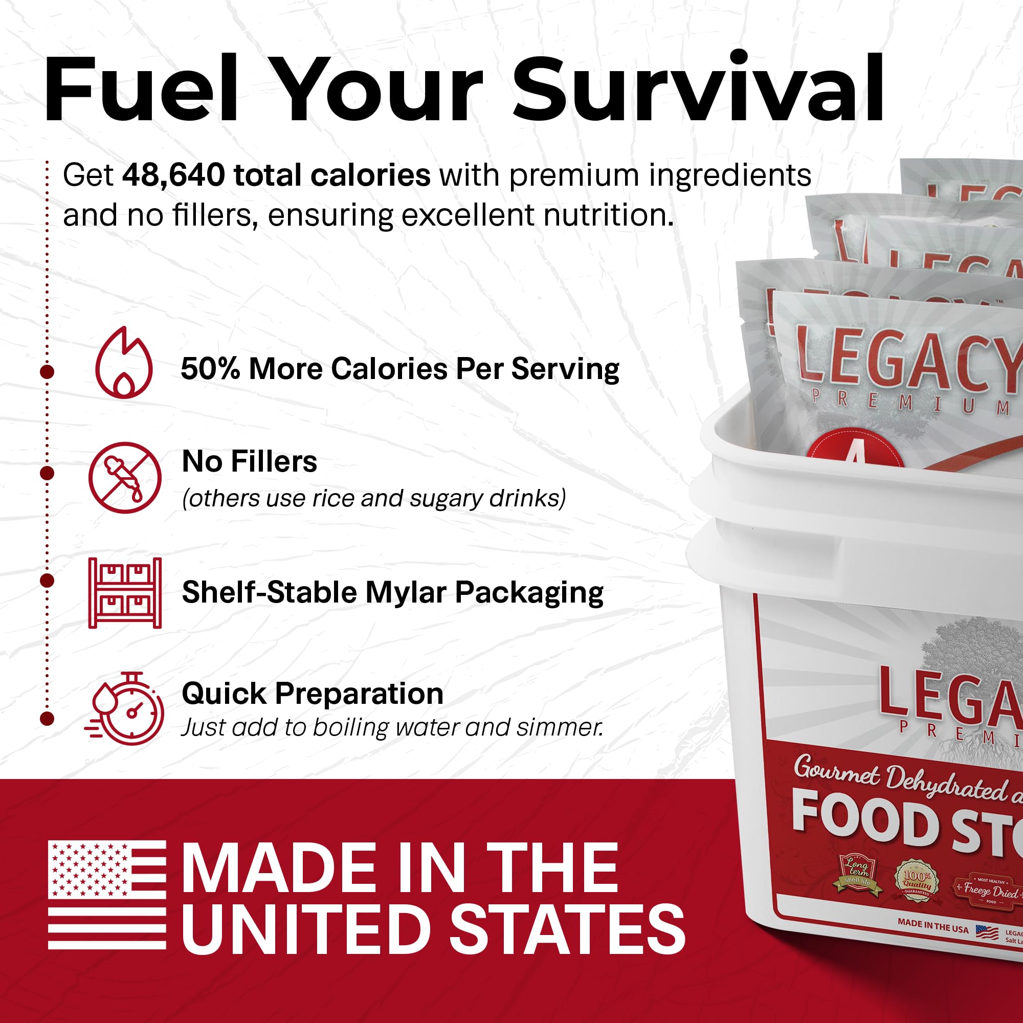 Legacy Premium meals shown being prepared by boiling water in minutes.