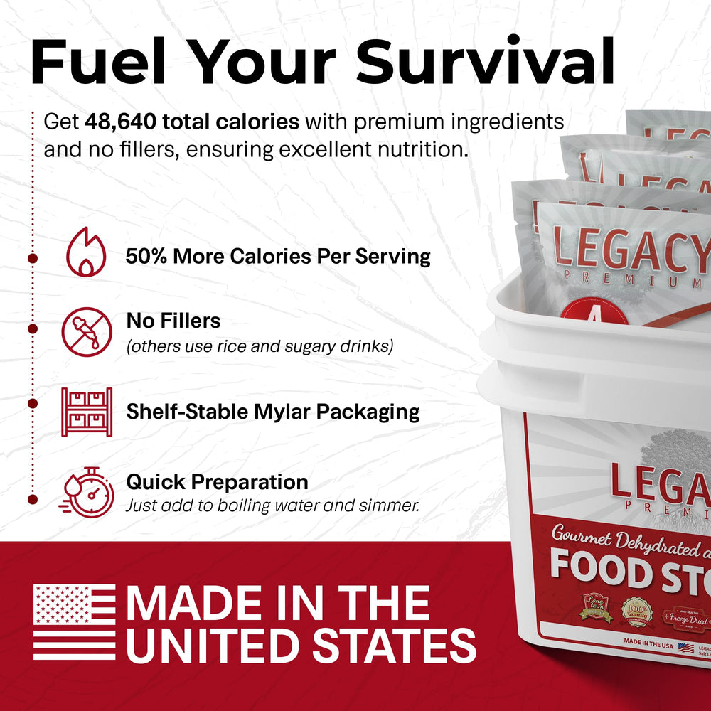Legacy Premium meals shown being prepared by boiling water in minutes.
