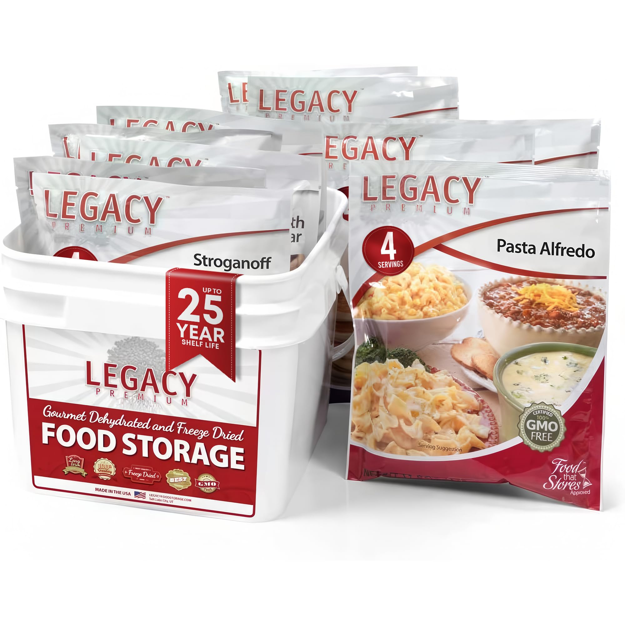 Legacy Premium emergency bucket showing stacked meals for quick prep