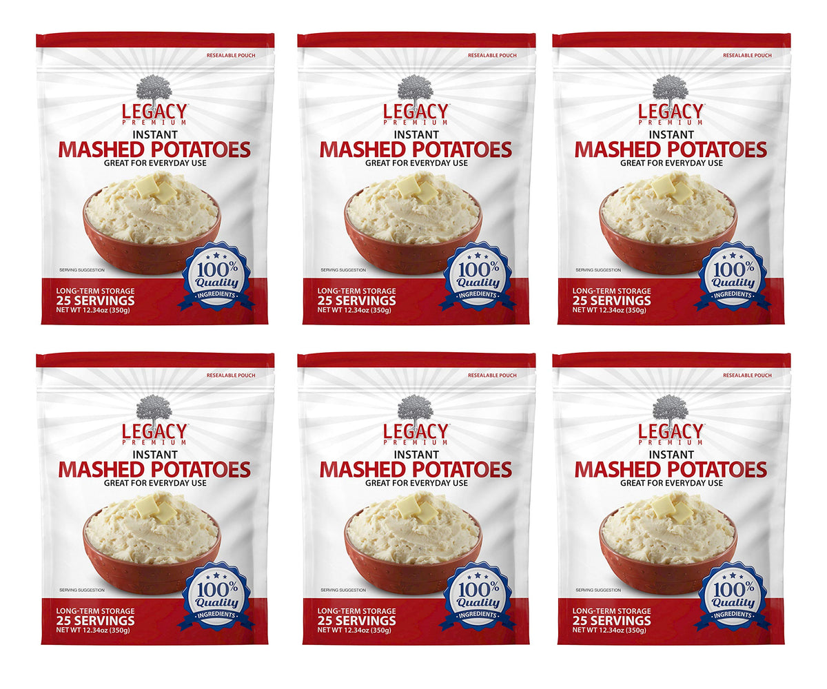 Legacy Premium Essentials freeze-dried mashed potatoes pack front in resealable bag.