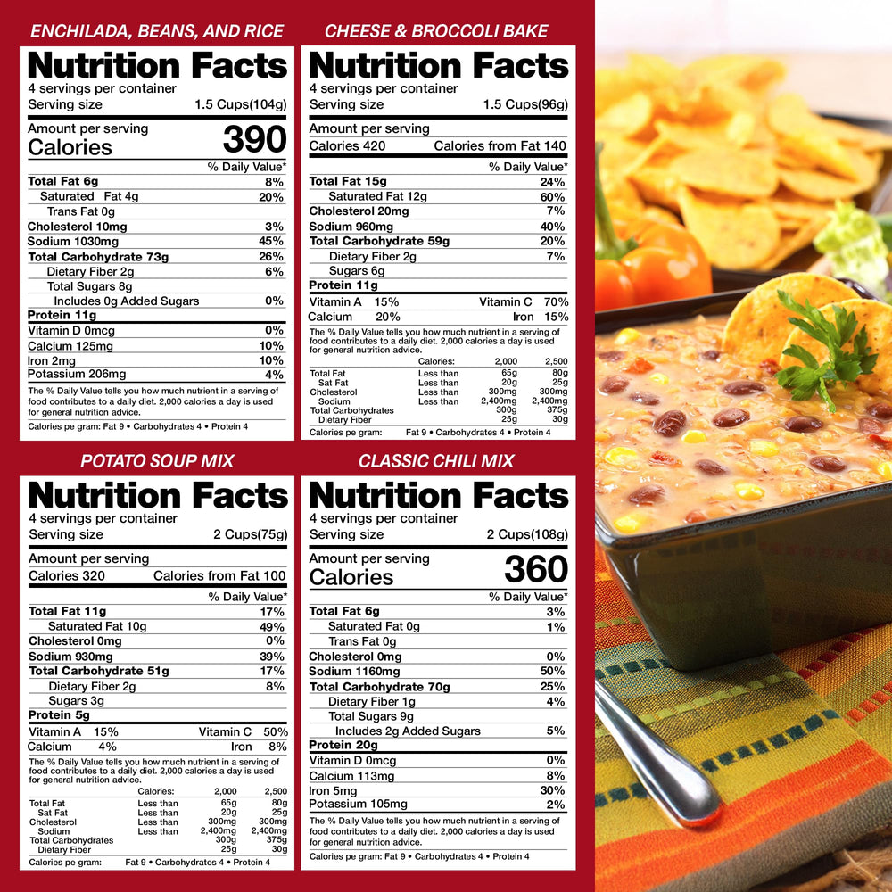 Legacy Premium freeze dried meals in four-serving pouches for easy emergency prep