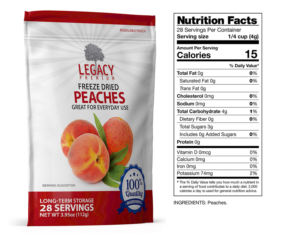 Legacy Premium freeze-dried peaches used as a hiking-friendly snack.