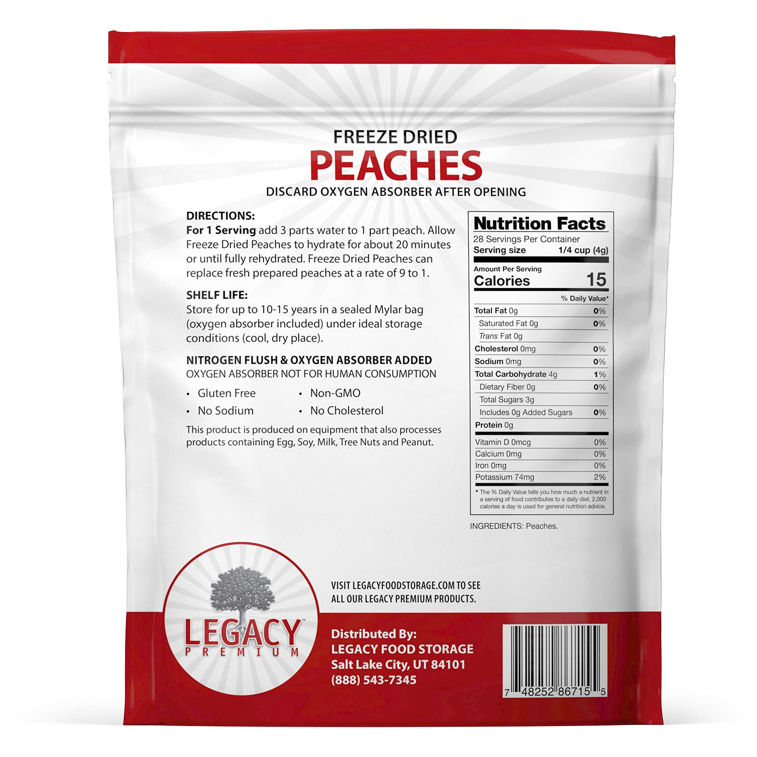 Legacy Premium freeze-dried peaches nutrition label and 15-year shelf life.