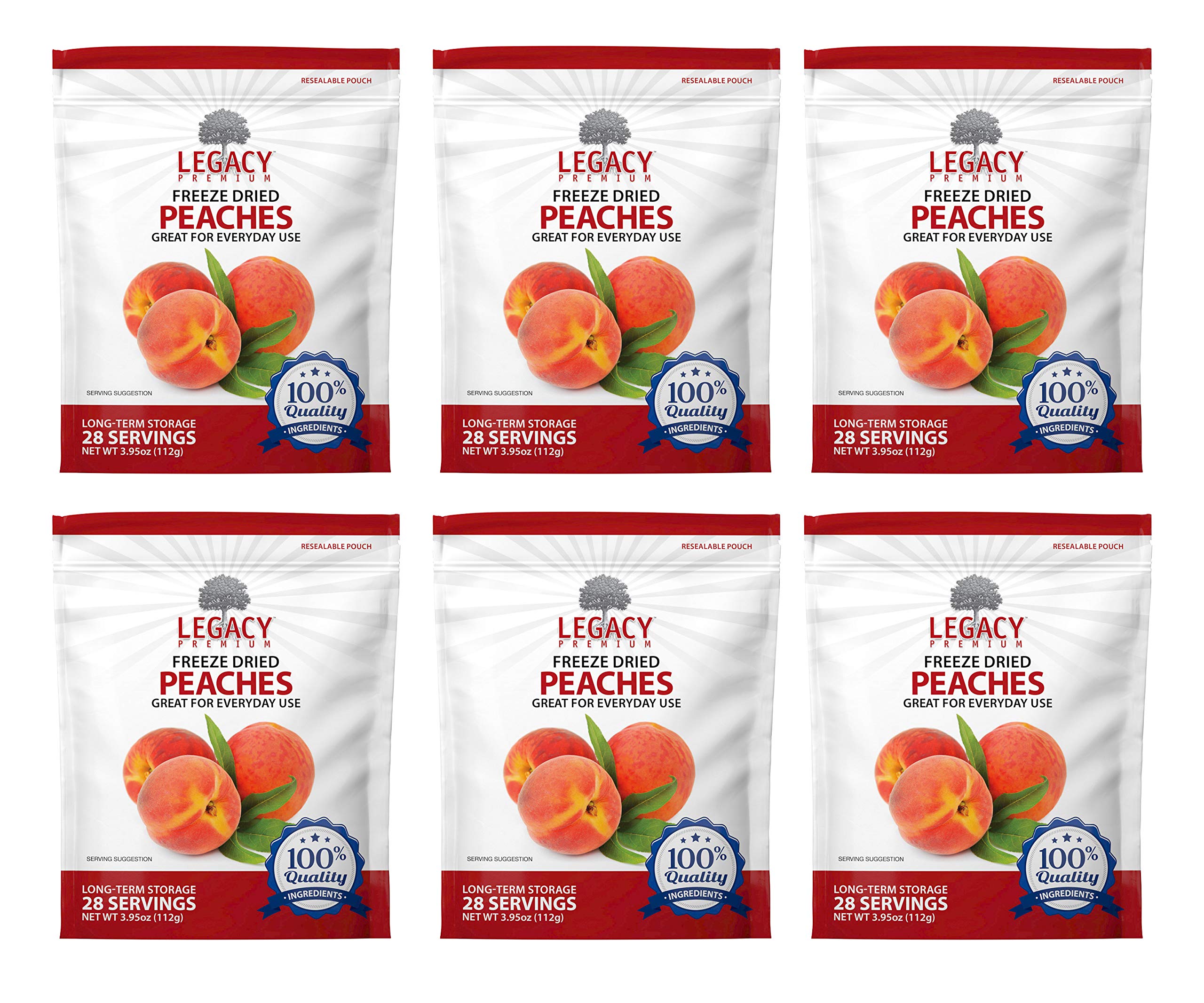 Legacy Premium freeze-dried peaches packaging in a durable Mylar pouch for long-term storage.