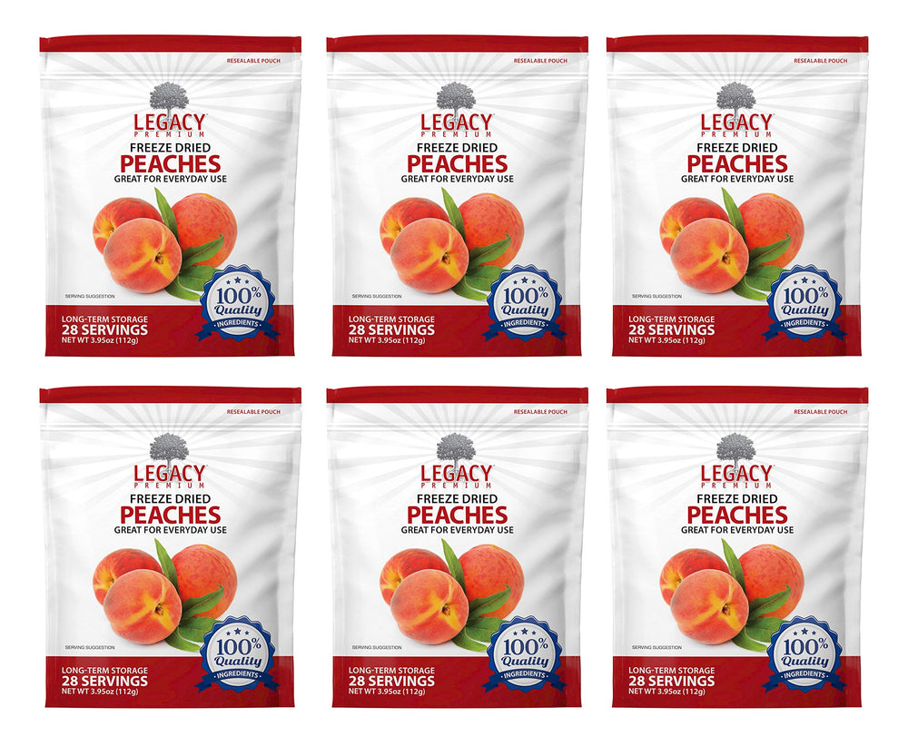 Legacy Premium freeze-dried peaches packaging in a durable Mylar pouch for long-term storage.
