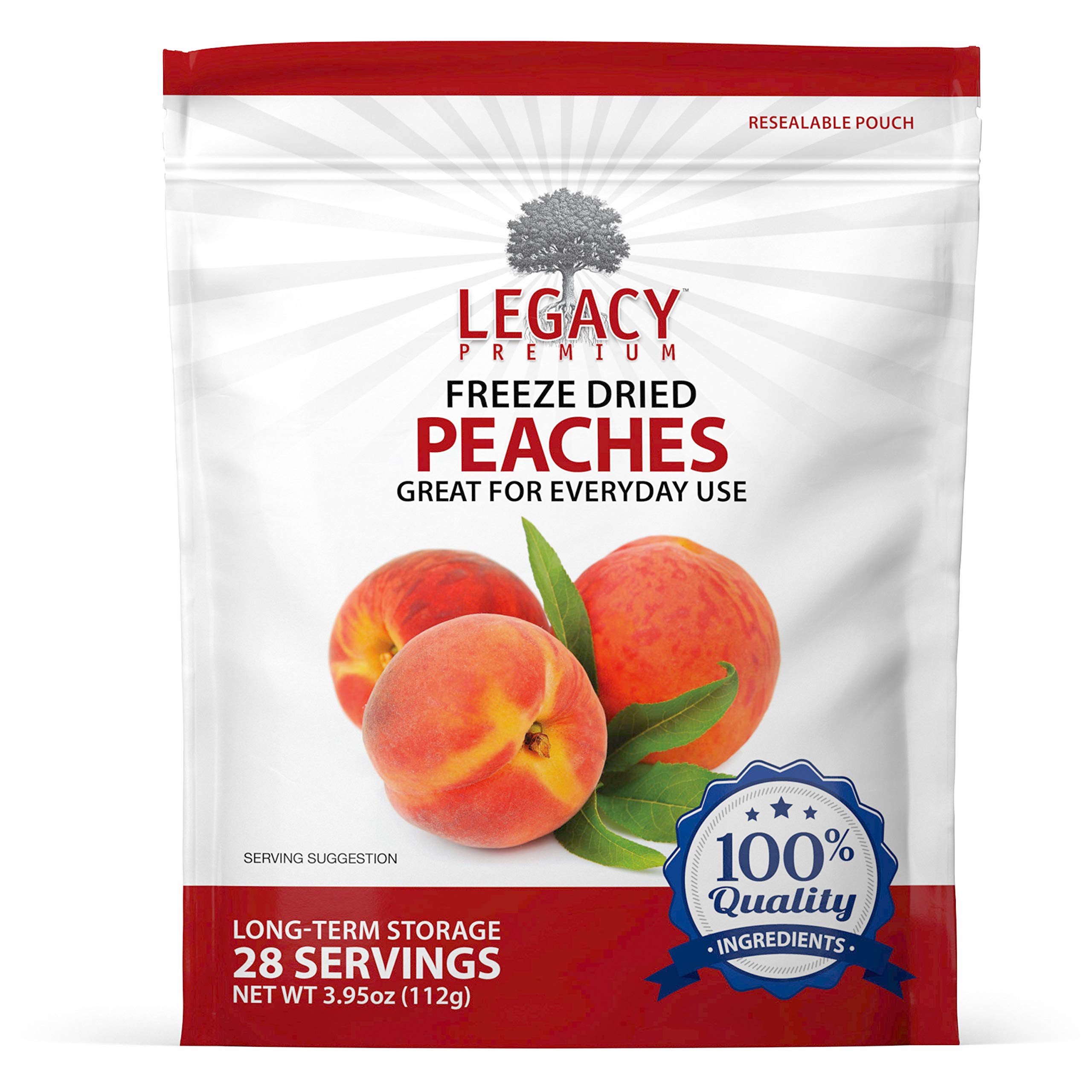 Legacy Premium freeze-dried peaches per pouch shown as quick on-the-go snacks.