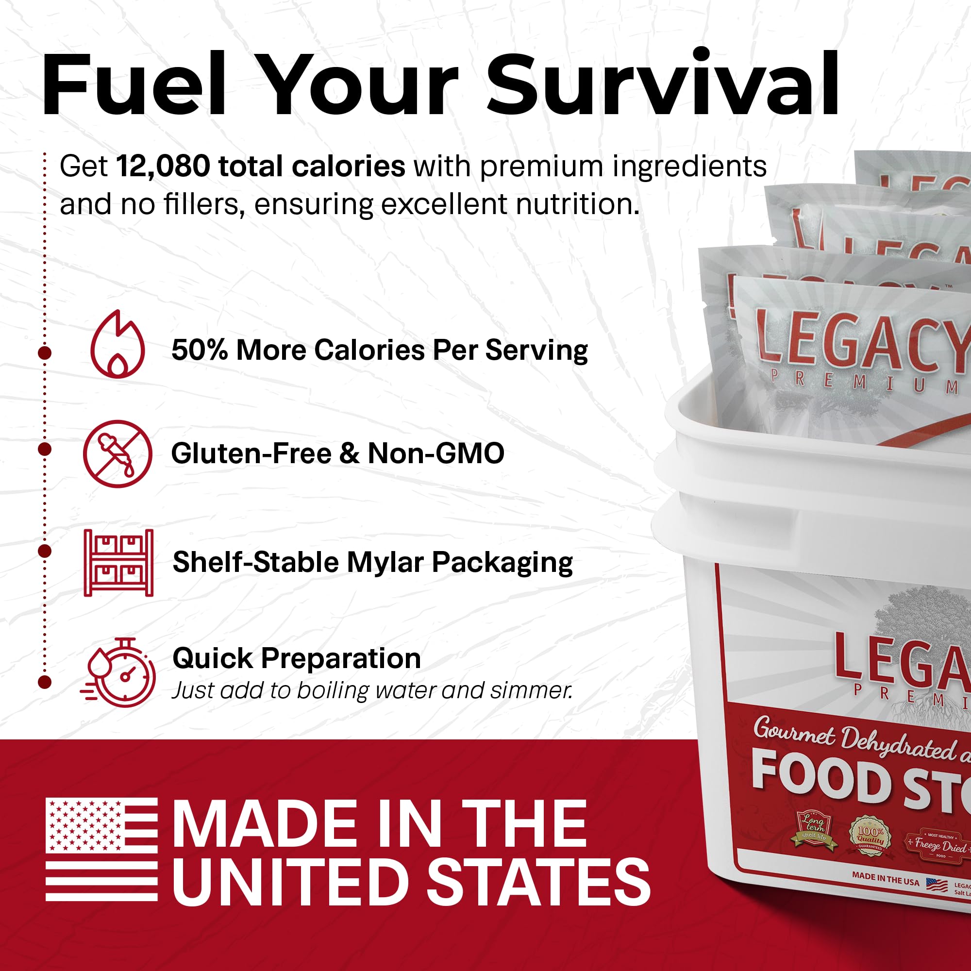 Legacy Premium freeze-dried pouches with four-serving portions for easy planning.