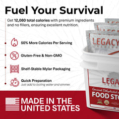 Legacy Premium freeze-dried pouches with four-serving portions for easy planning.
