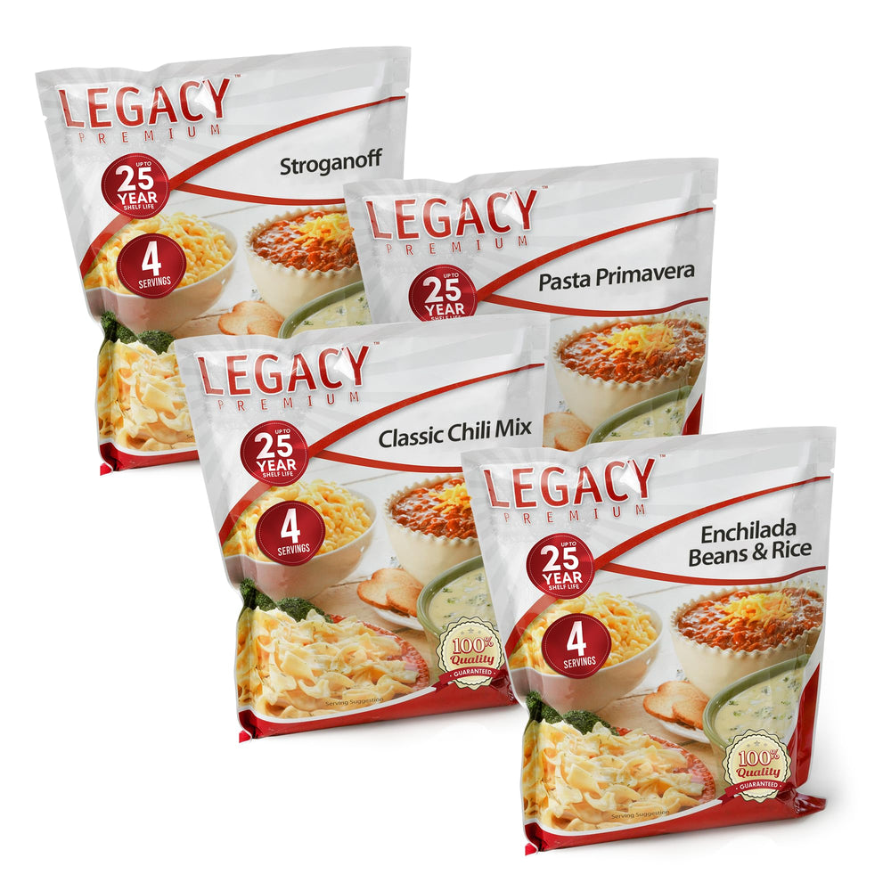 Legacy Premium legacy food storage kit packshot highlights shelf-stable meals for emergencies.