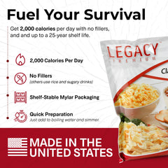 Legacy Premium Mylar pouches with oxygen absorbers preserve freshness.