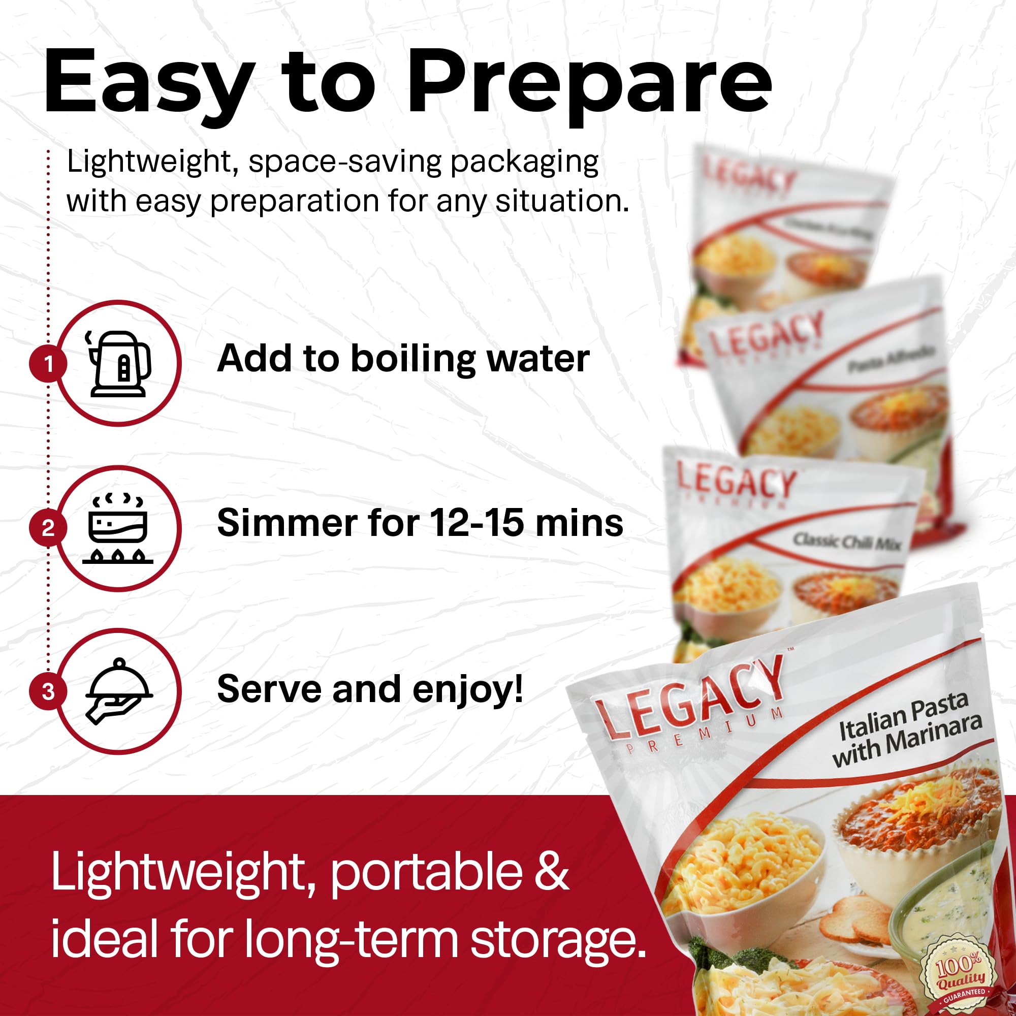Legacy Premium oxygen absorber and nitrogen flush indicating extended shelf life.