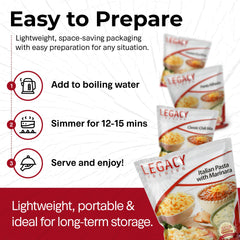 Legacy Premium oxygen absorber and nitrogen flush indicating extended shelf life.