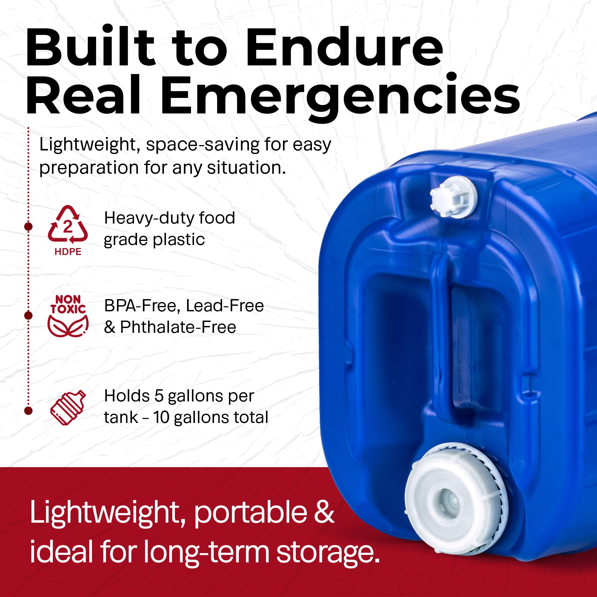 Legacy Premium water storage stored in a garage for preparedness.