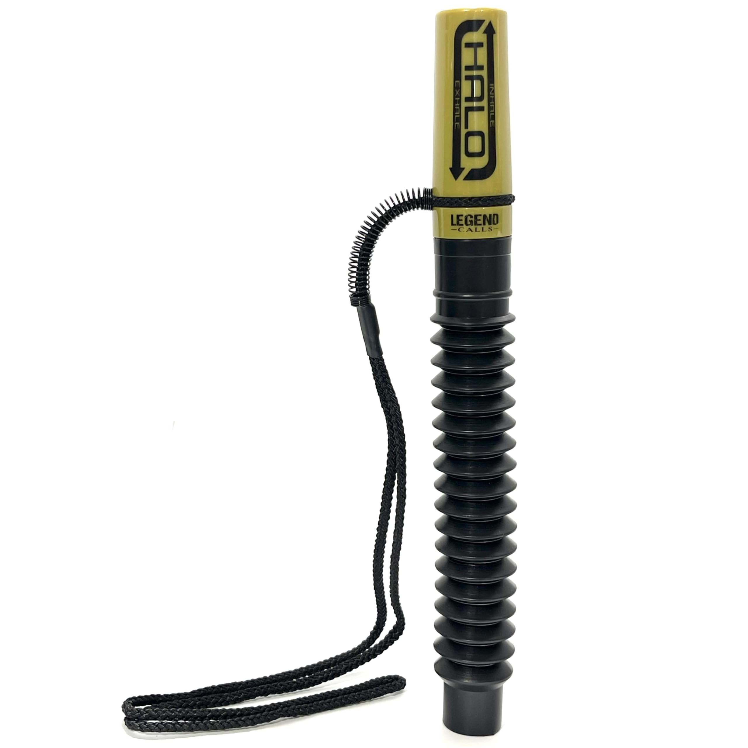 Halo Deer Call two-way airflow diagram illustrating inhale and exhale paths for realistic deer sounds.
