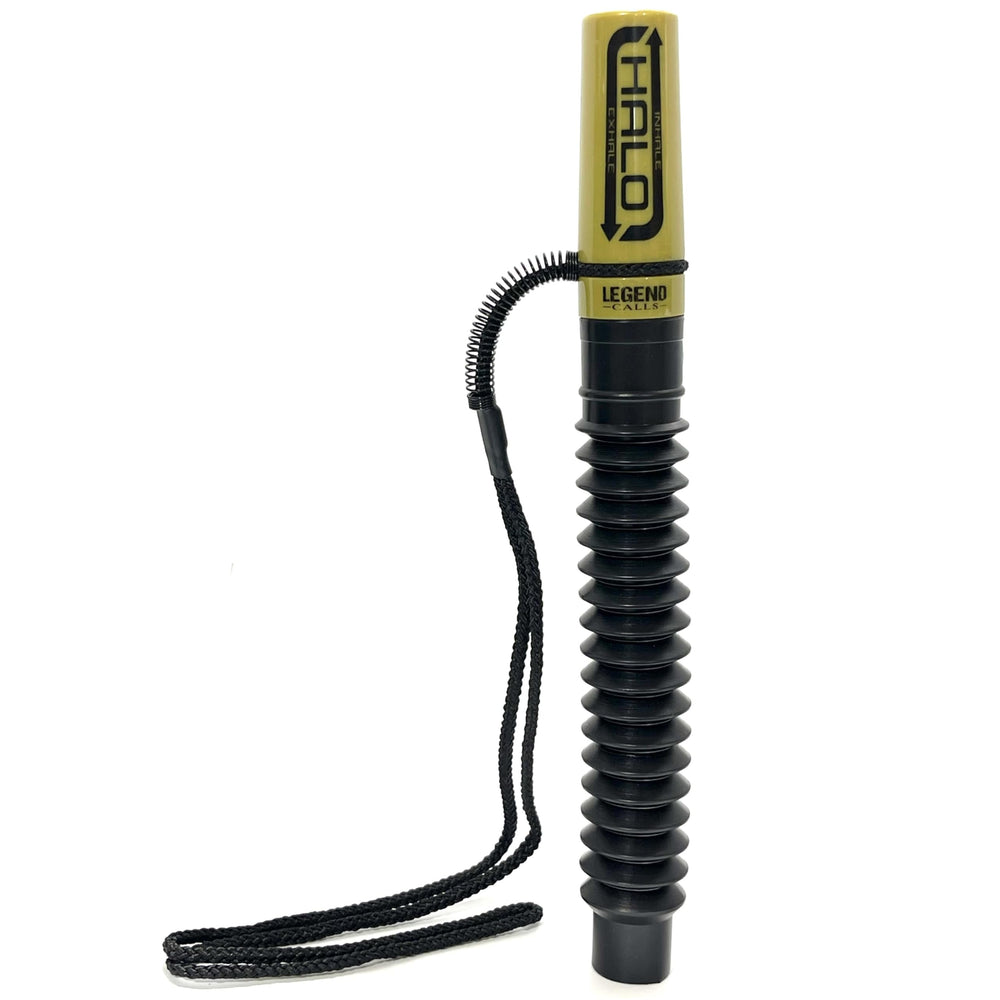 Halo Deer Call two-way airflow diagram illustrating inhale and exhale paths for realistic deer sounds.