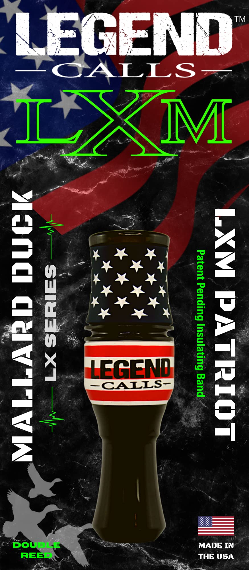 Legend Calls LXM Patriot duck call using J-Frame double reed for sharp, versatile tone