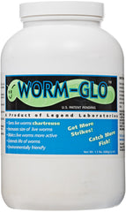 Legend Worm Glo bottle glow highlights live worms for better visibility during night fishing.
