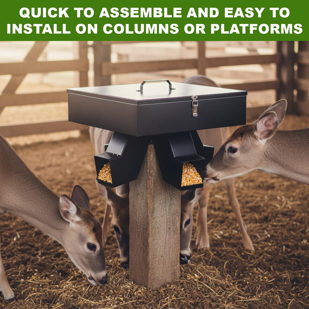 LEIFIDE gravity deer feeder weatherproof coating keeps feed dry and accessible during rain or snow.
