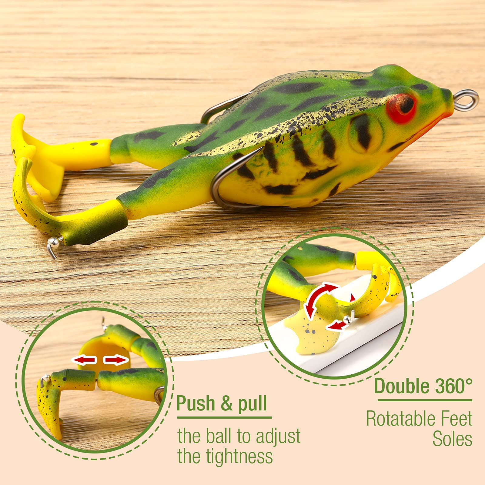 Close-up of 3D frog lure design and color variety