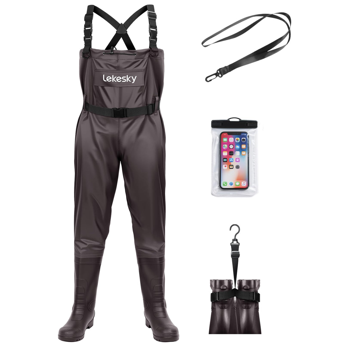 Lekesky fishing waders front view with sturdy boots for dry, comfortable river wading